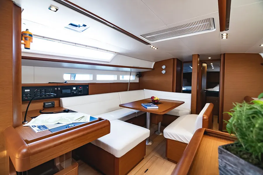 Salon of Pinta, a Jeanneau Sun Odyssey 519 sailboat at Parikia, Greece