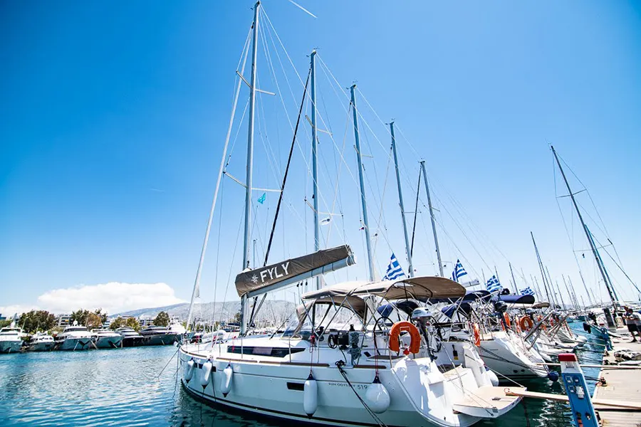 Exterior view of Pinta, a Jeanneau Sun Odyssey 519 sailboat at Parikia, Greece