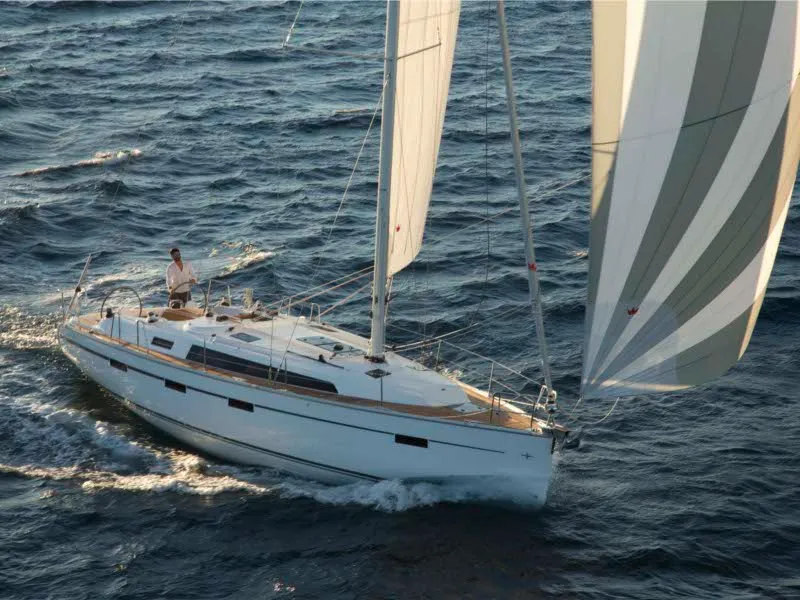 Exterior view of Urze, a Bavaria Cruiser 41 sailboat at Ponta Delgada, Portugal