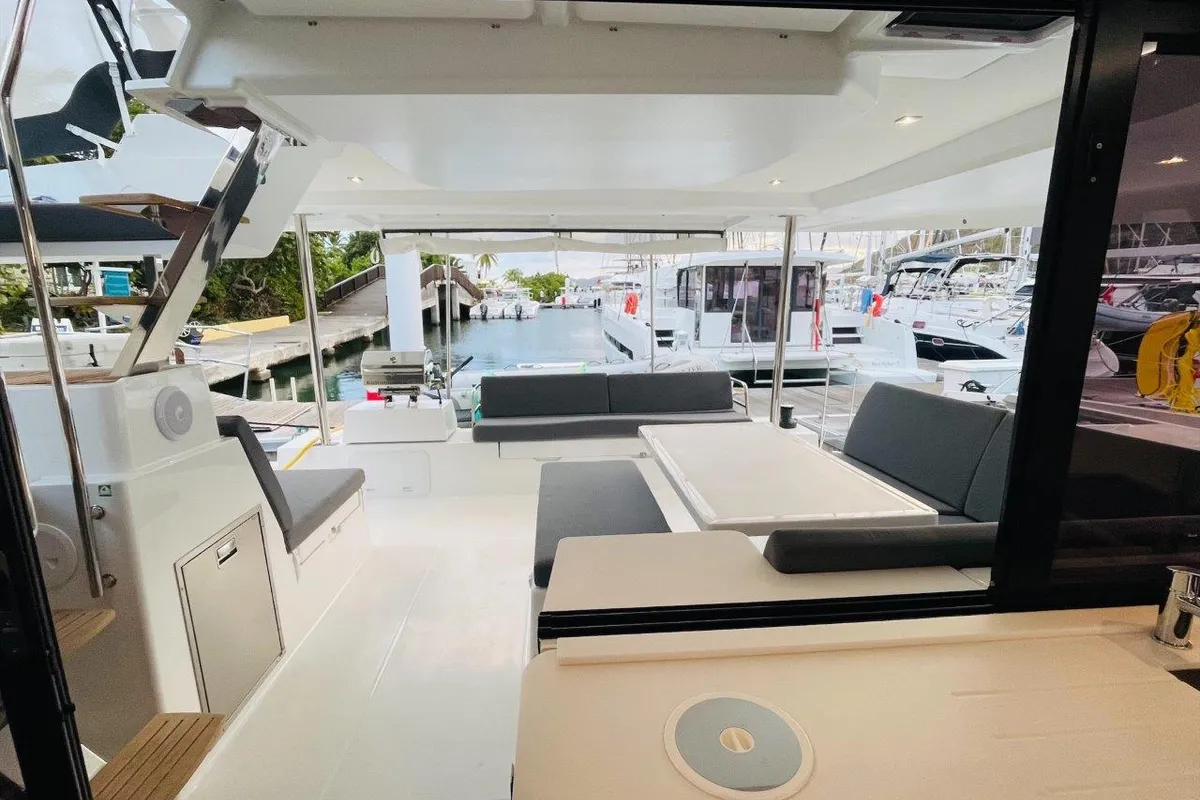 Deck of Stargazer, a Fountaine Pajot Tanna 47 catamaran at Road Town, British Virgin Islands
