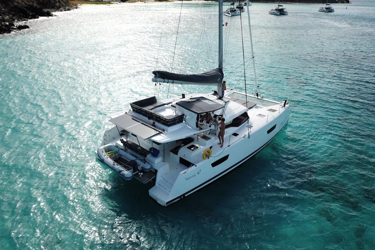 Exterior view of Stargazer, a Fountaine Pajot Tanna 47 catamaran at Road Town, British Virgin Islands