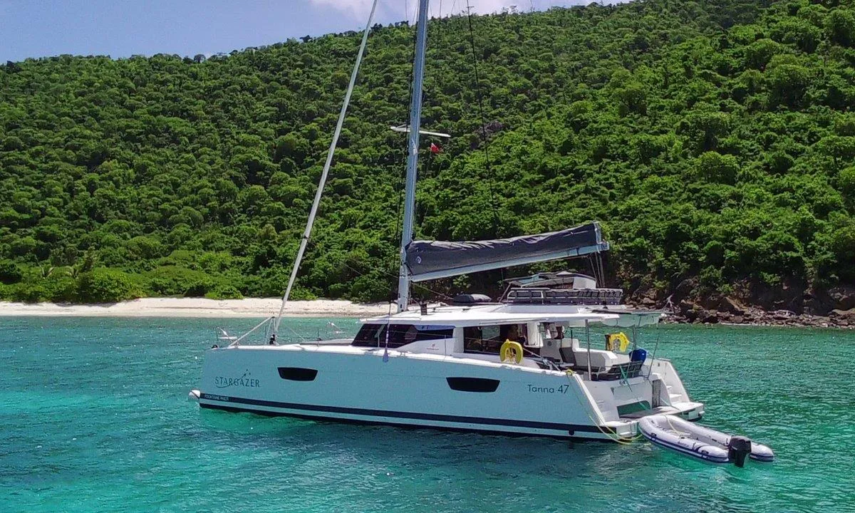 Exterior view of Stargazer, a Fountaine Pajot Tanna 47 catamaran at Road Town, British Virgin Islands