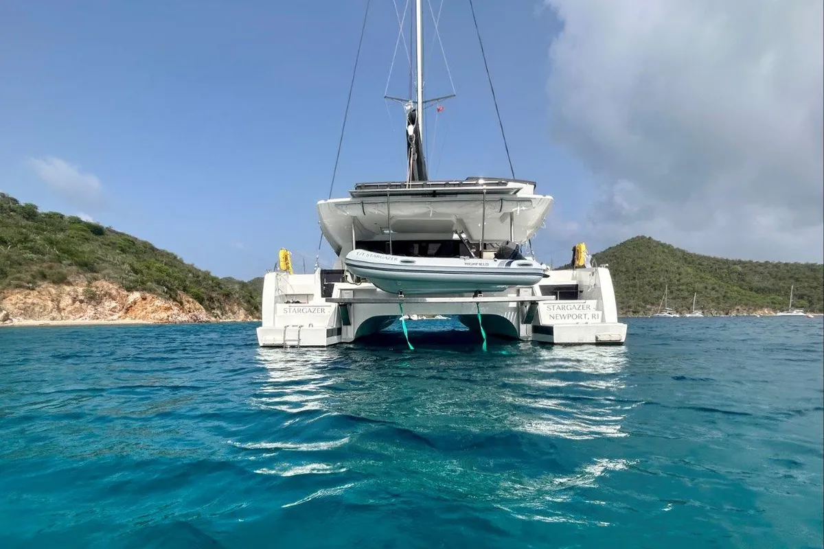 Exterior view of Stargazer, a Fountaine Pajot Tanna 47 catamaran at Road Town, British Virgin Islands