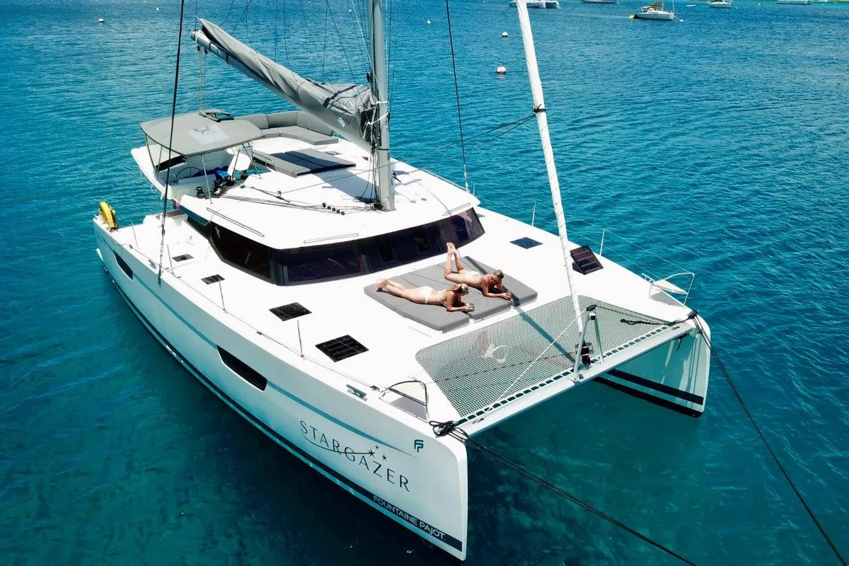 Exterior view of Stargazer, a Fountaine Pajot Tanna 47 catamaran at Road Town, British Virgin Islands