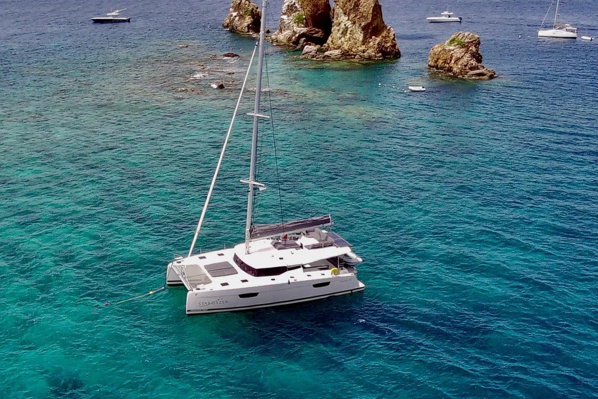 Exterior view of Stargazer, a Fountaine Pajot Tanna 47 catamaran at Road Town, British Virgin Islands