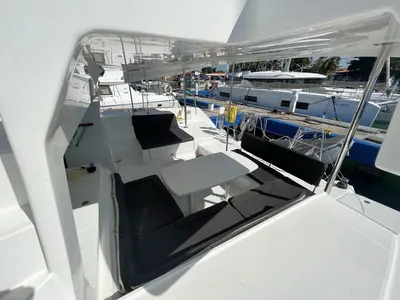 Deck of Mariano, a Lagoon 450 Fly catamaran at Cienfuegos, Cuba