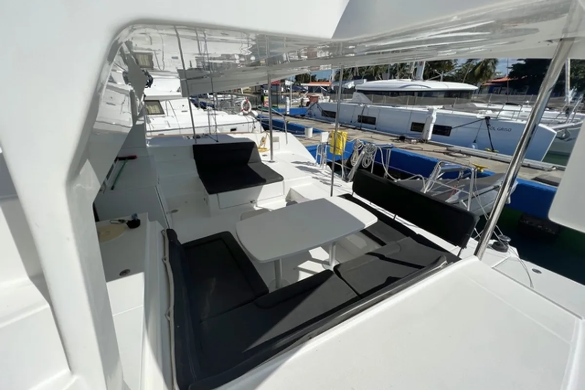 Deck of Mariano, a Lagoon 450 Fly catamaran at Cienfuegos, Cuba