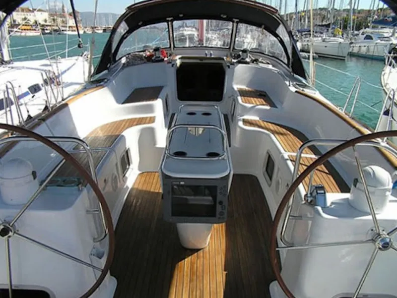 Cockpit of Mata, a Jeanneau Sun Odyssey 54DS sailboat at Pisticci, Italy