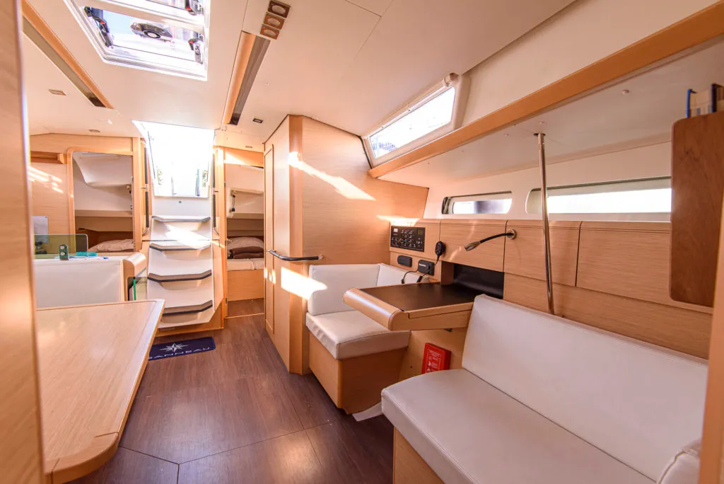 Salon of Birbona, a Jeanneau Sun Odyssey 449 sailboat at San Vincenzo, Italy