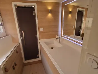 Deck of Carlota I, a Aventura 45 catamaran at Grimaud, France