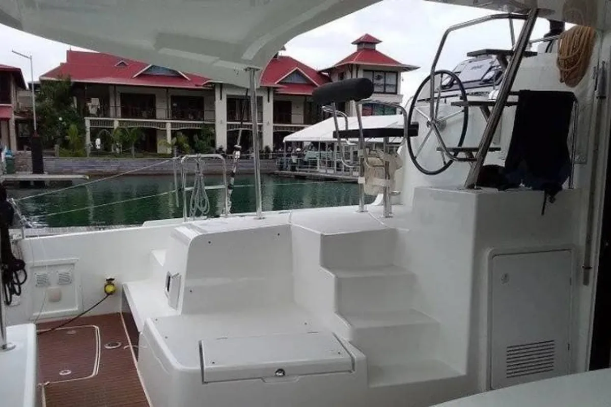 Cockpit of Bingo, a Lagoon 42 catamaran at Roche Caiman, Seychelles
