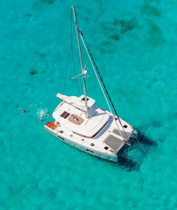 Exterior view of Bingo, a Lagoon 42 catamaran at Roche Caiman, Seychelles
