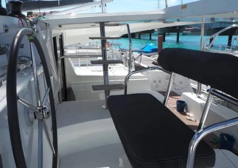 Cockpit of Bingo, a Lagoon 42 catamaran at Roche Caiman, Seychelles