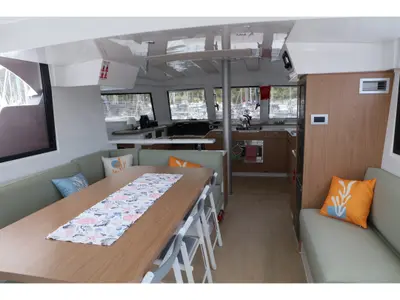 Salon of Vargas, a Bali Catspace catamaran at Marmaris, Turkey