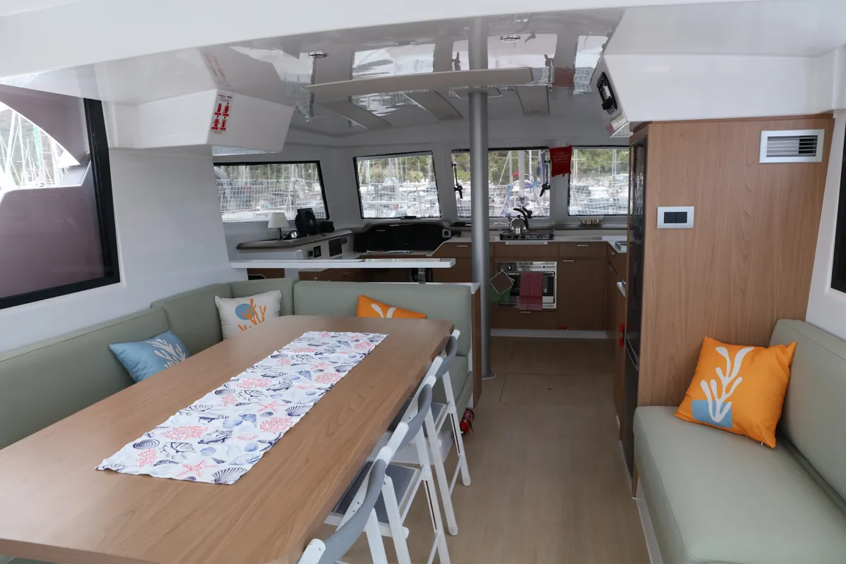 Salon of Vargas, a Bali Catspace catamaran at Marmaris, Turkey