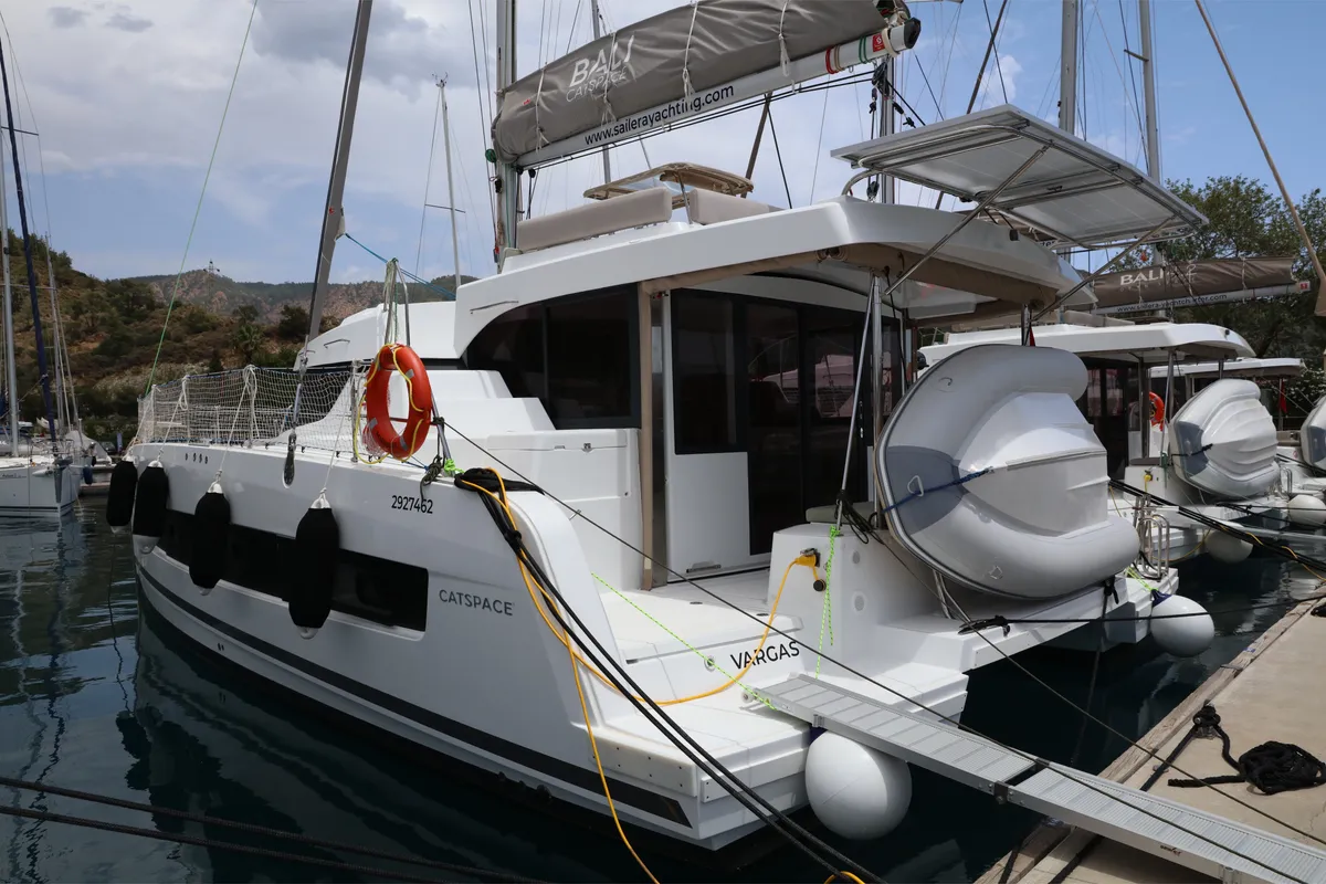 Exterior view of Vargas, a Bali Catspace catamaran at Marmaris, Turkey