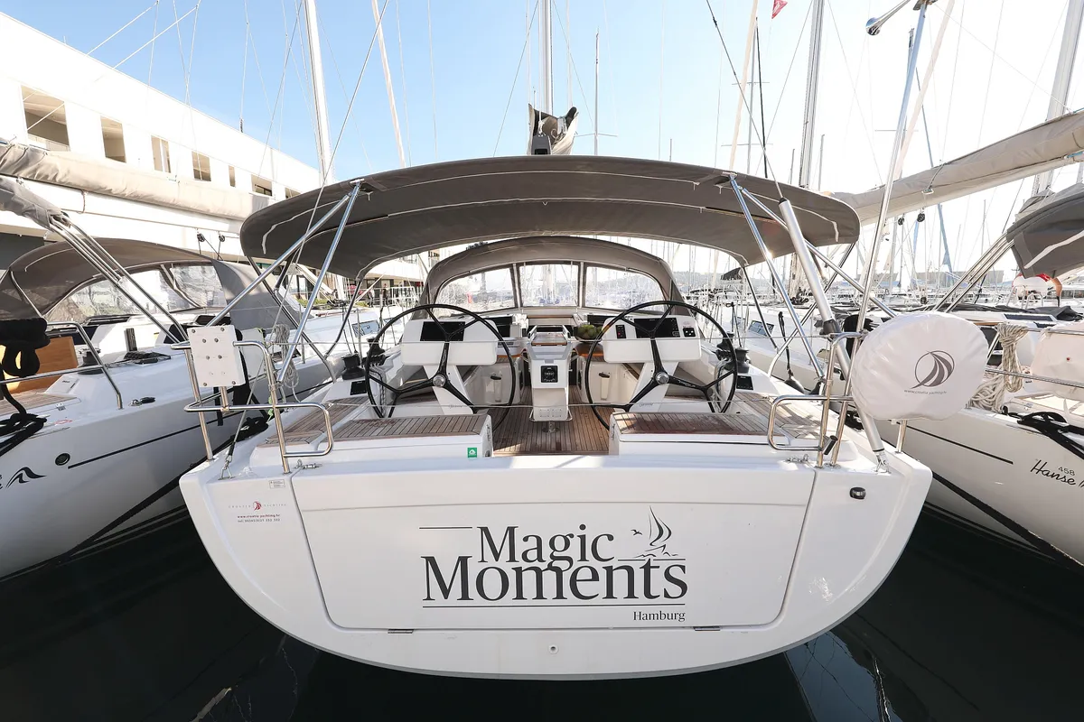 Exterior view of Magic Moments, a Hanse 458 sailboat at Seget Donji, Croatia