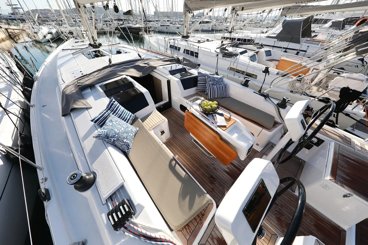 Cockpit of Magic Moments, a Hanse 458 sailboat at Seget Donji, Croatia
