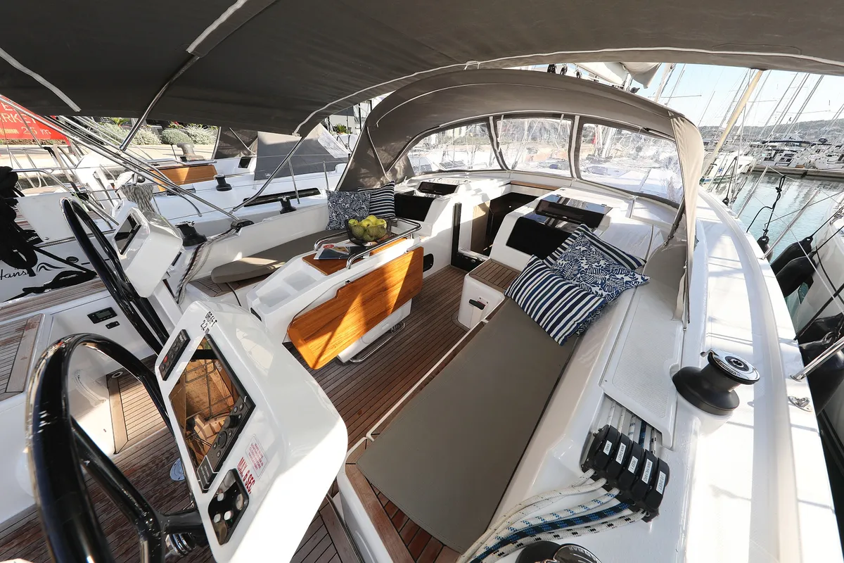 Cockpit of Magic Moments, a Hanse 458 sailboat at Seget Donji, Croatia