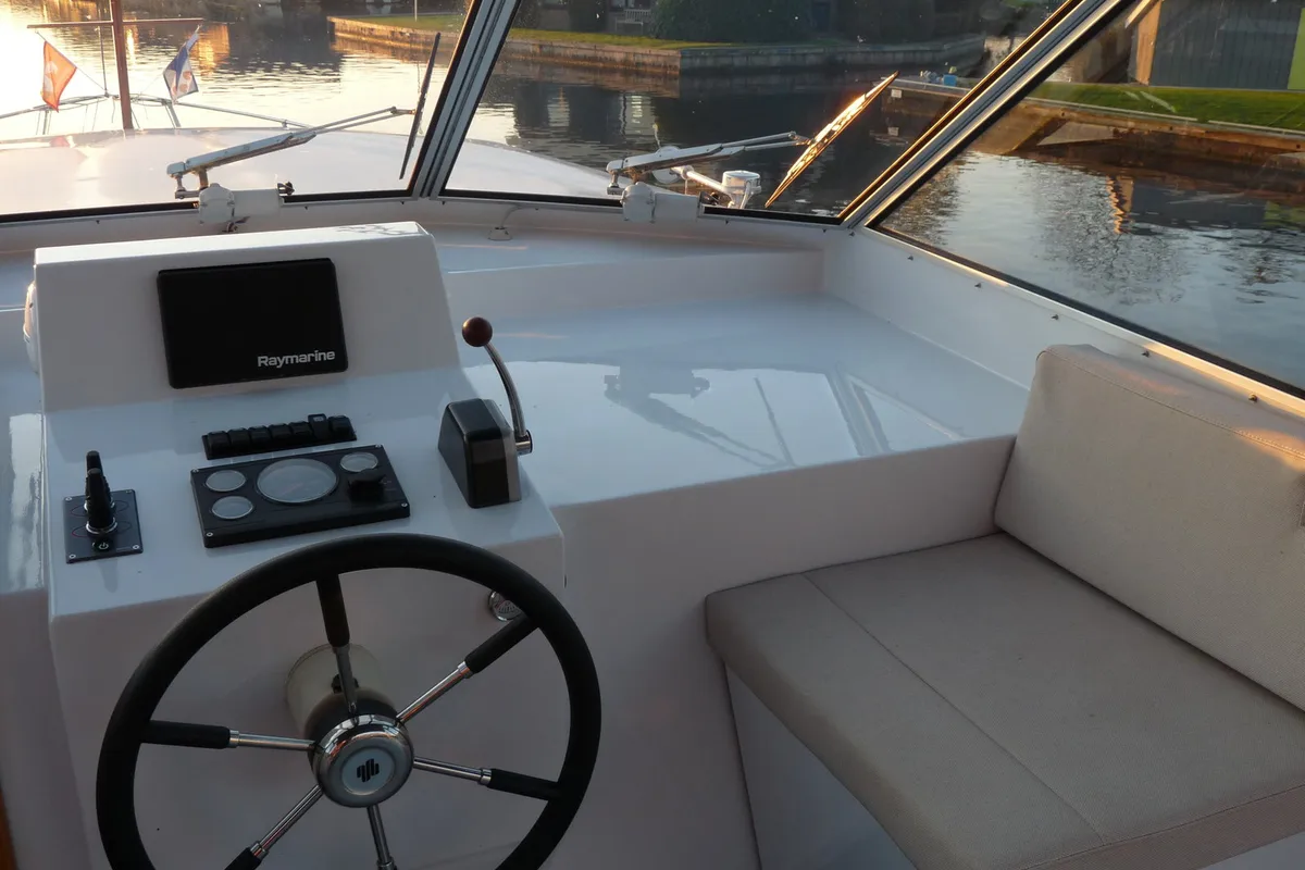 Cockpit of Gulet Funcraft 1200, a motorboat at Akkrum, Netherlands