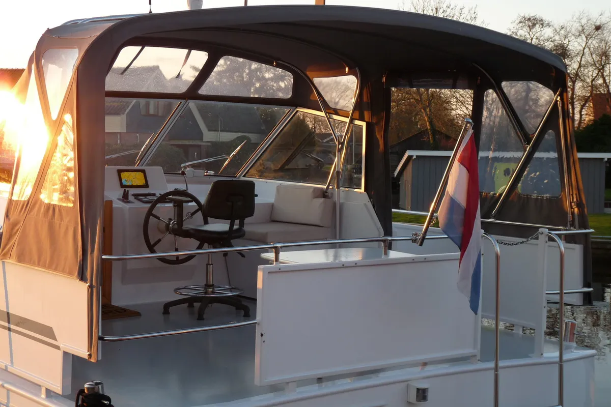 Cockpit of Gulet Funcraft 1200, a motorboat at Akkrum, Netherlands