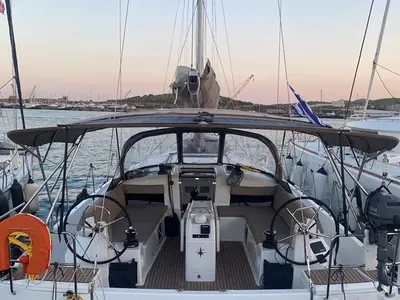 Cockpit of Wanderlust, a Jeanneau Sun Odyssey 490 sailboat at Athens, Greece