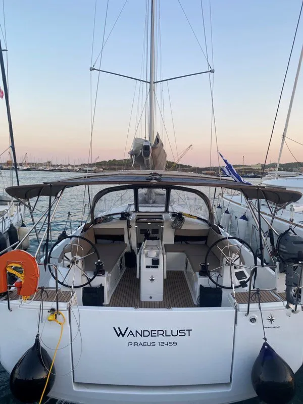 Cockpit of Wanderlust, a Jeanneau Sun Odyssey 490 sailboat at Athens, Greece