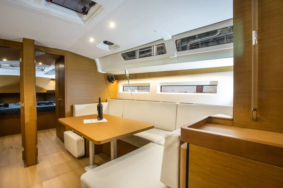 Salon of Wanderlust, a Jeanneau Sun Odyssey 490 sailboat at Athens, Greece