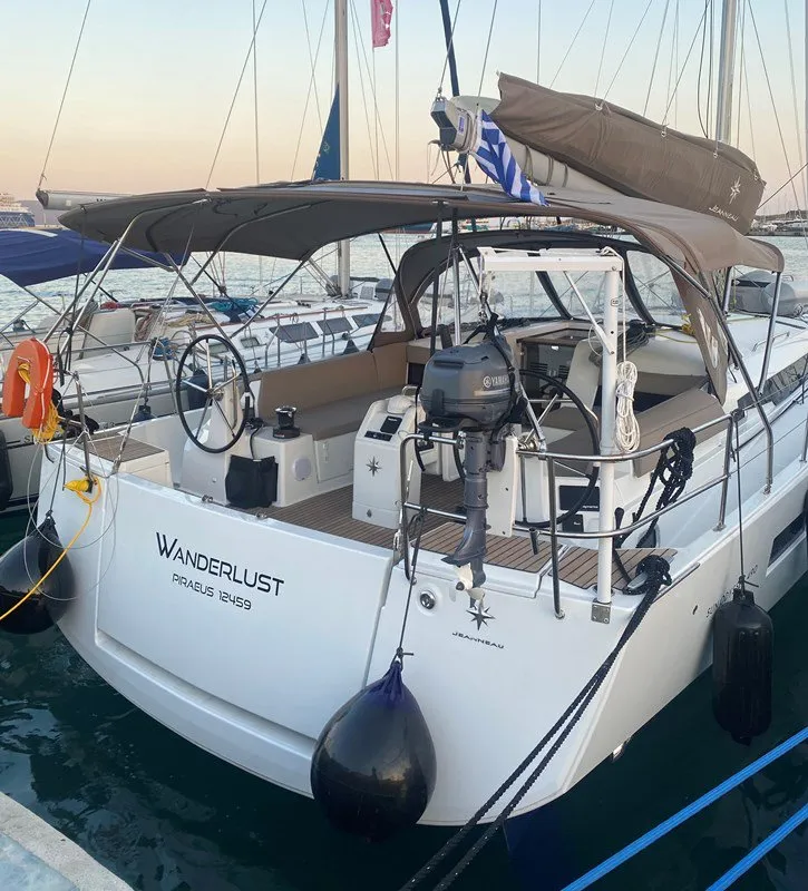 Exterior view of Wanderlust, a Jeanneau Sun Odyssey 490 sailboat at Athens, Greece