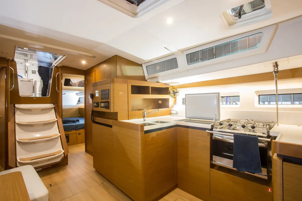 Galley of Wanderlust, a Jeanneau Sun Odyssey 490 sailboat at Athens, Greece