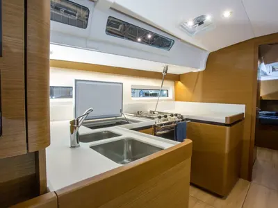 Galley of Wanderlust, a Jeanneau Sun Odyssey 490 sailboat at Athens, Greece