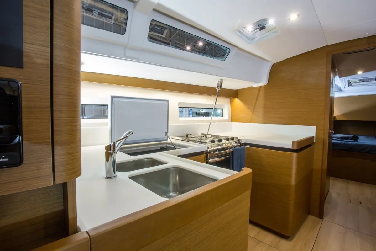 Galley of Wanderlust, a Jeanneau Sun Odyssey 490 sailboat at Athens, Greece