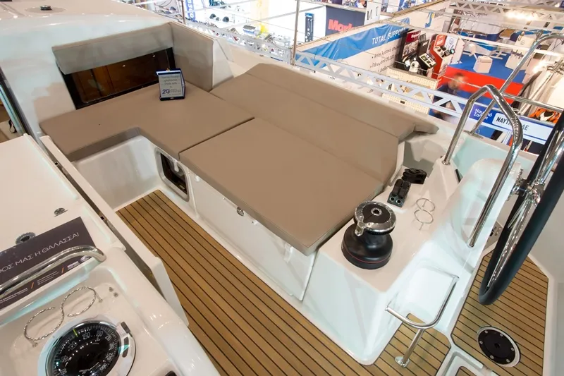 Cockpit of Wanderlust, a Jeanneau Sun Odyssey 490 sailboat at Athens, Greece