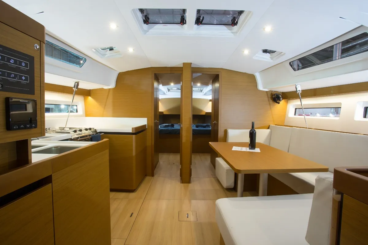 Salon of Wanderlust, a Jeanneau Sun Odyssey 490 sailboat at Athens, Greece