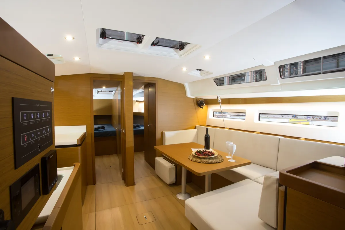 Salon of Wanderlust, a Jeanneau Sun Odyssey 490 sailboat at Athens, Greece