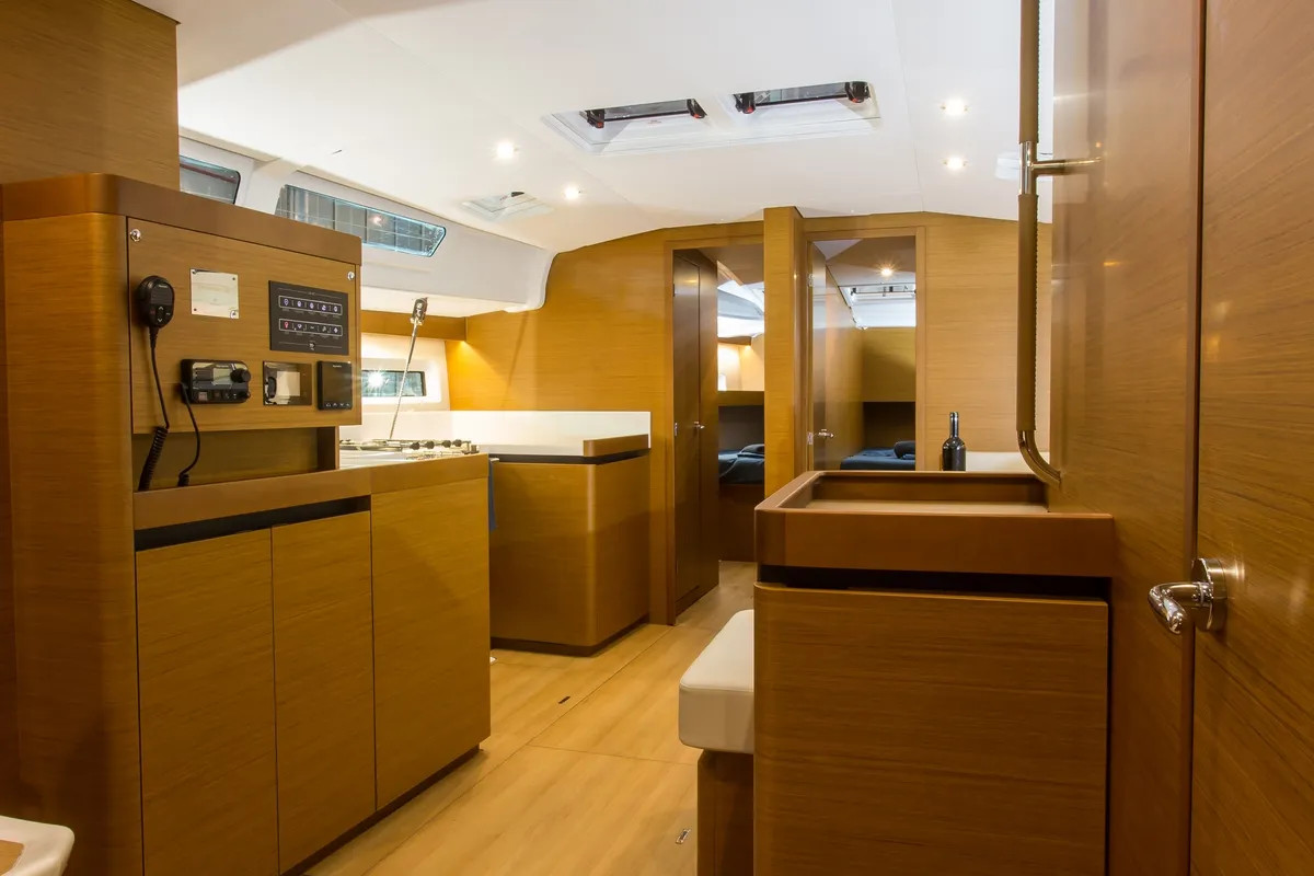 Galley of Wanderlust, a Jeanneau Sun Odyssey 490 sailboat at Athens, Greece
