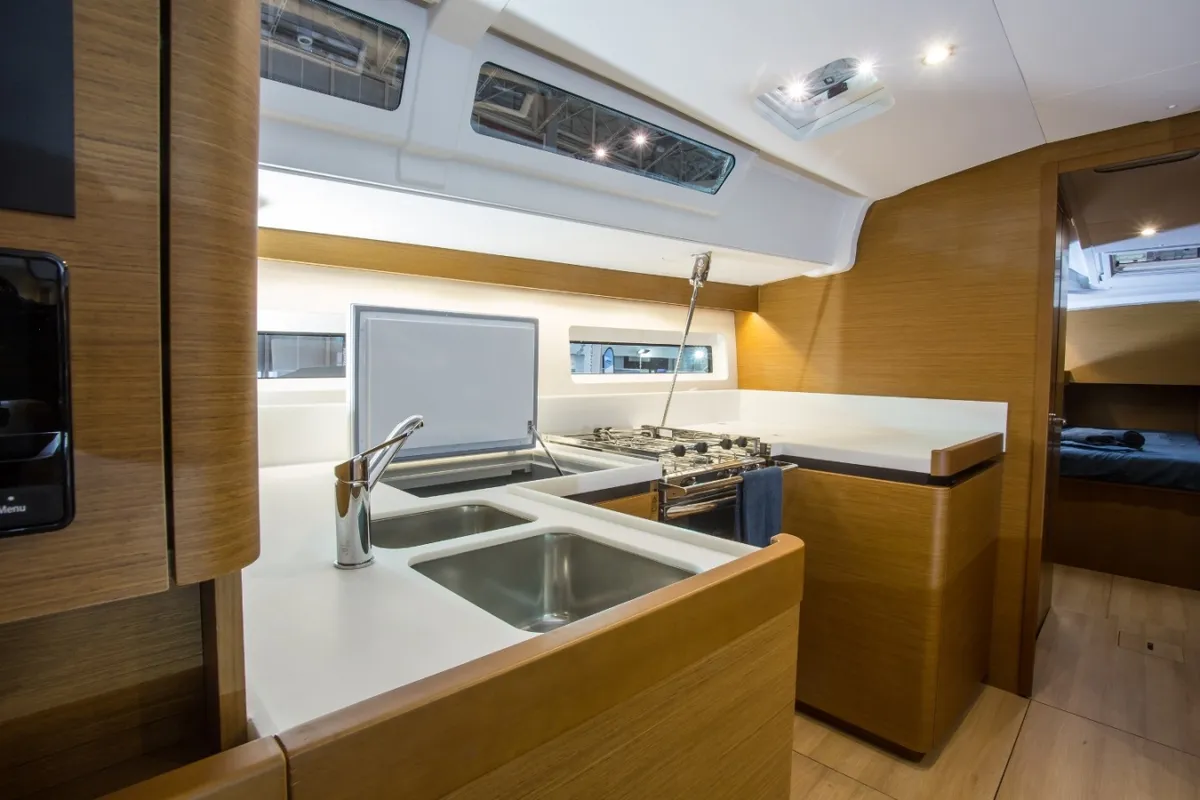 Galley of Wanderlust, a Jeanneau Sun Odyssey 490 sailboat at Athens, Greece