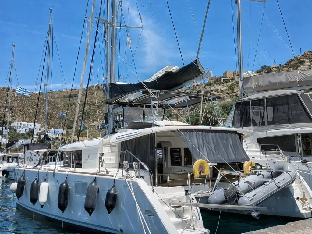 Exterior view of FO'S, a Lagoon 450 Fly catamaran at Agios Stefanos, Greece