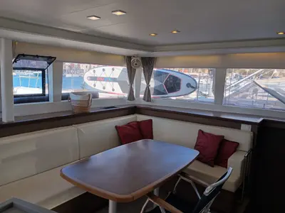 Salon of FO'S, a Lagoon 450 Fly catamaran at Agios Stefanos, Greece