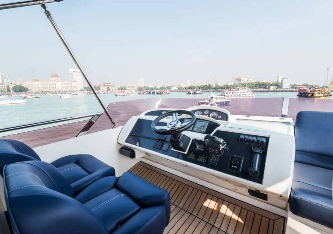 Deck of Nefertiti, a Princess 54 motor yacht at Panaji, India
