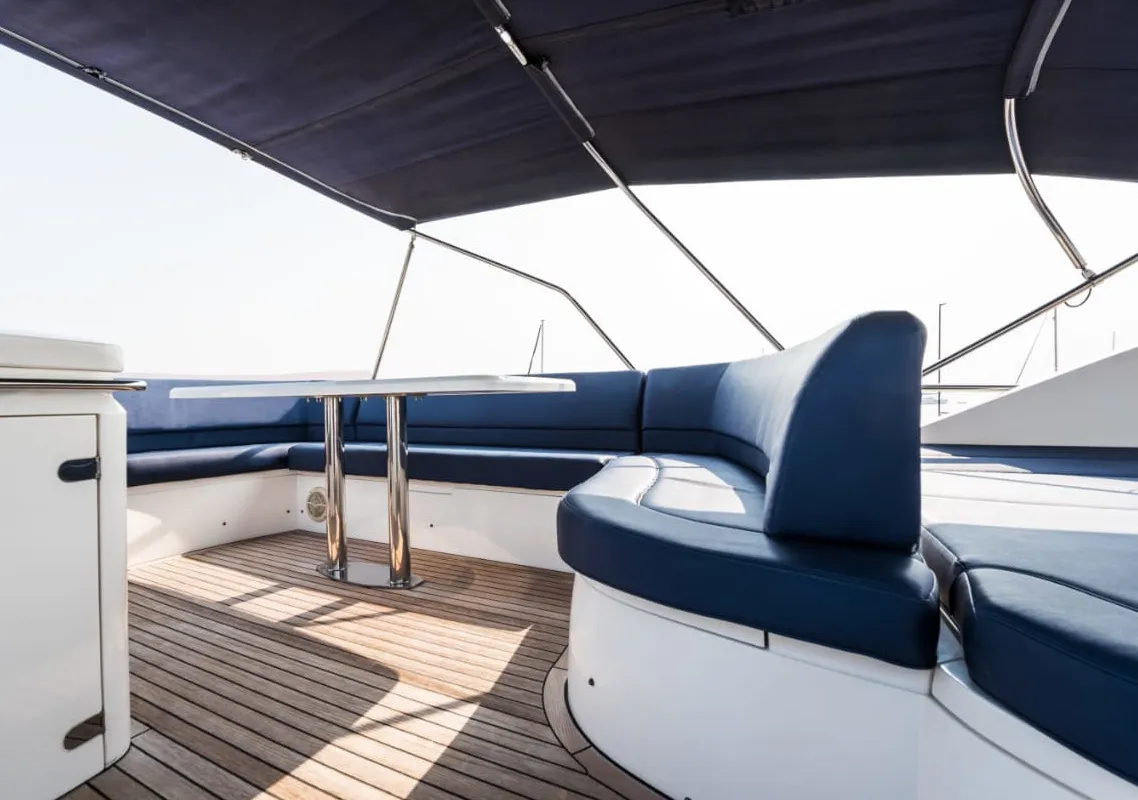 Deck of Nefertiti, a Princess 54 motor yacht at Panaji, India