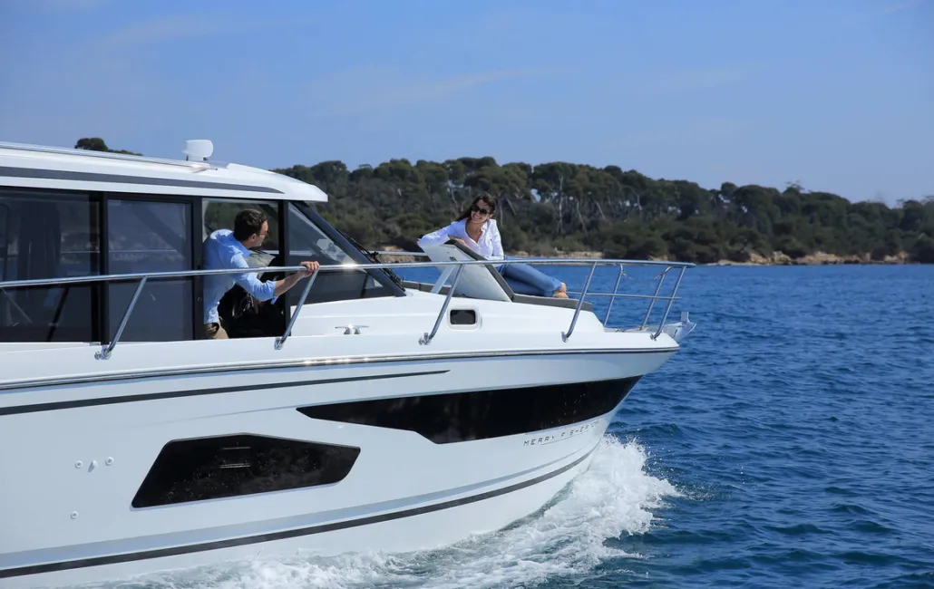 Exterior view of Dusar, a Jeanneau Merry Fisher 1095 motorboat at Cannigione, Italy