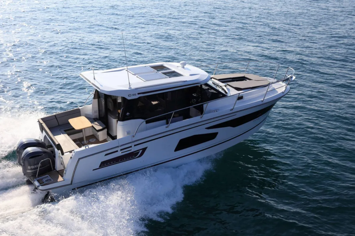 Exterior view of Dusar, a Jeanneau Merry Fisher 1095 motorboat at Cannigione, Italy