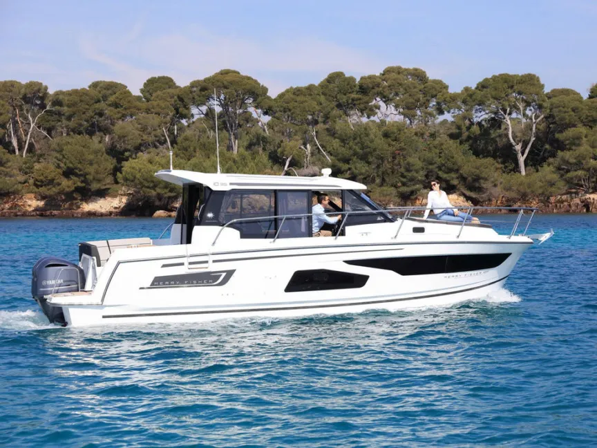 Exterior view of Dusar, a Jeanneau Merry Fisher 1095 motorboat at Cannigione, Italy