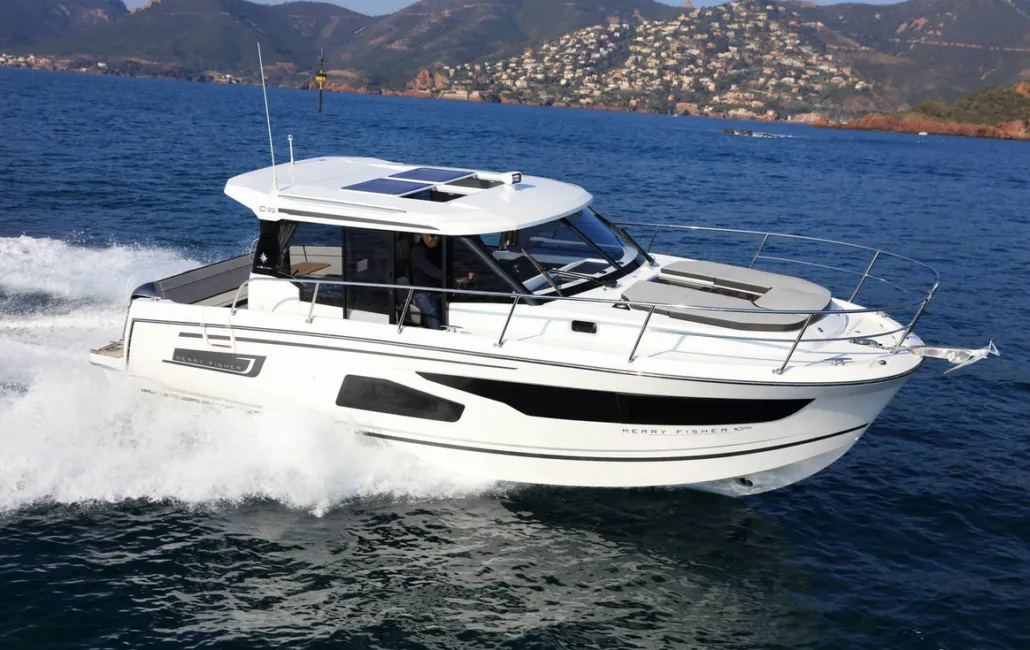 Exterior view of Dusar, a Jeanneau Merry Fisher 1095 motorboat at Cannigione, Italy