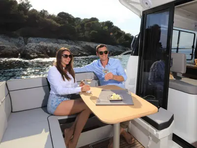 Deck of Dusar, a Jeanneau Merry Fisher 1095 motorboat at Cannigione, Italy