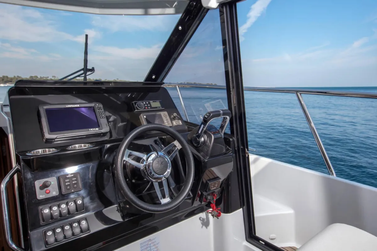 Cockpit of Dusar, a Jeanneau Merry Fisher 1095 motorboat at Cannigione, Italy