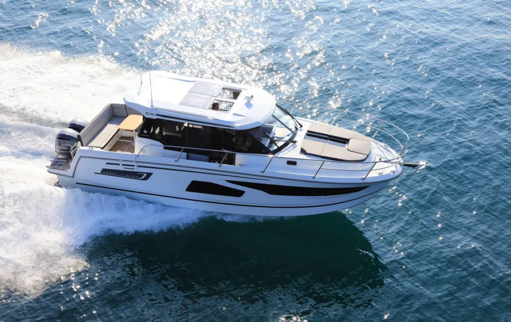 Exterior view of Dusar, a Jeanneau Merry Fisher 1095 motorboat at Cannigione, Italy