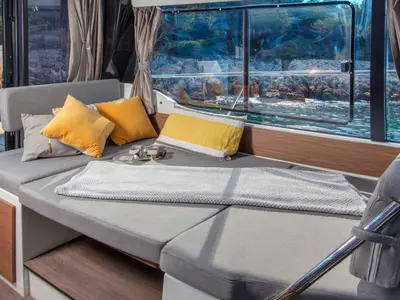 Salon of Dusar, a Jeanneau Merry Fisher 1095 motorboat at Cannigione, Italy