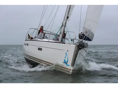 Exterior view of Five O, a Jeanneau Sun Odyssey 509 sailboat at Nieuwpoort, Belgium